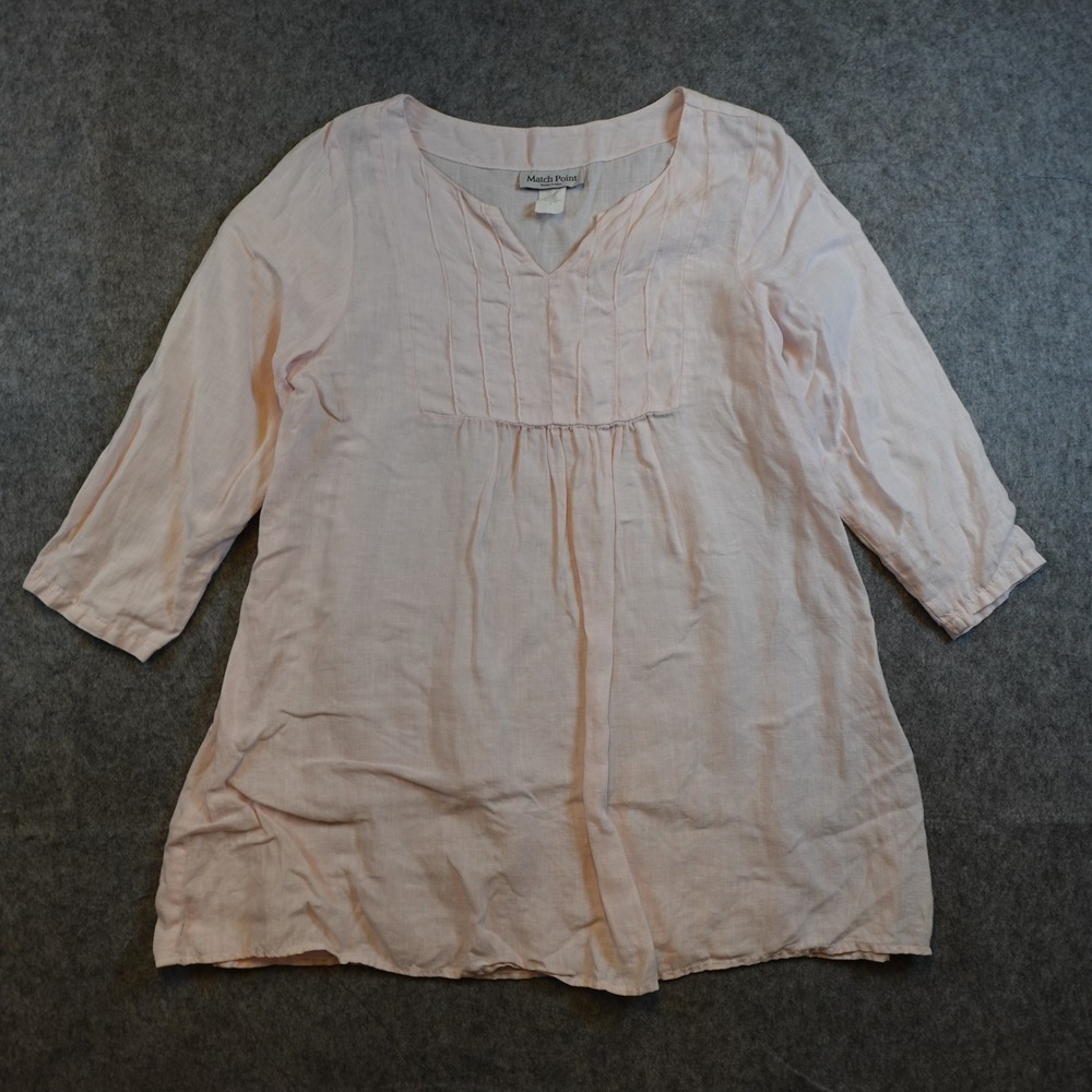Match Point Top Women Small Pink Linen Pintuck V Neck 3/4 Sleeve Tunic USA